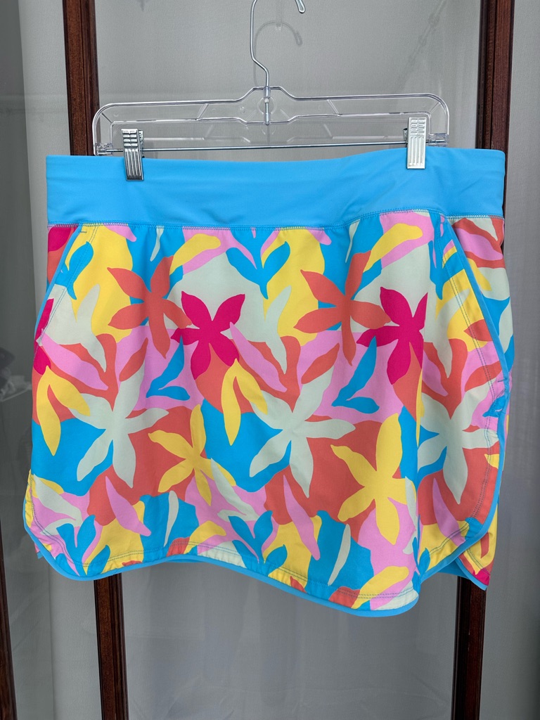 Lands End Women’s Size 14 Teal Colorful Print Board Skort Swim Skirt Beach Pool
